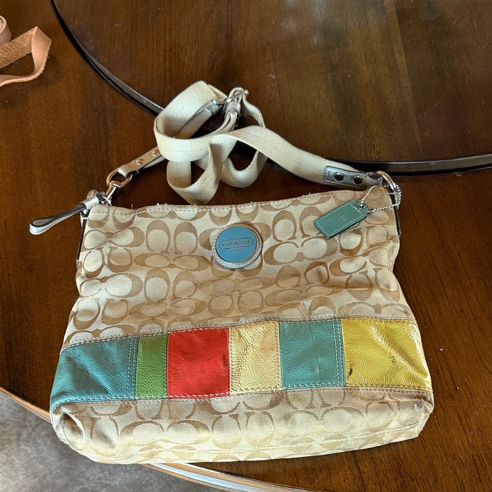 Coach Beige Signature Crossbody with Multicolor Leather Patch Stripe